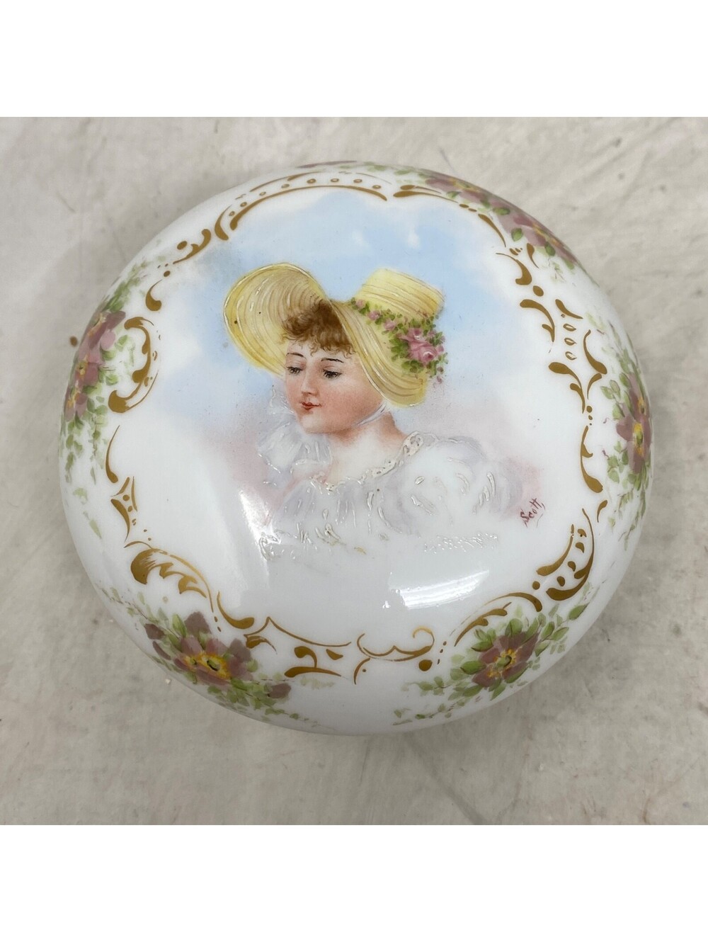 Vintage Limoges France Hand Painted Victorian Woman Porcelain Trinket Gold